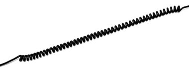 Twisted black telephone cord on a white background.Black telephone wire.