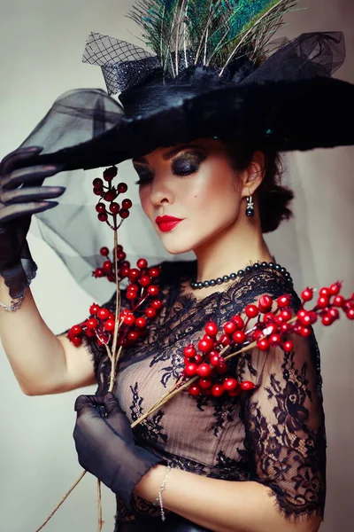 Femme Fatale Woman Black Fashionable Hat Lace Dress — Stock Photo, Image