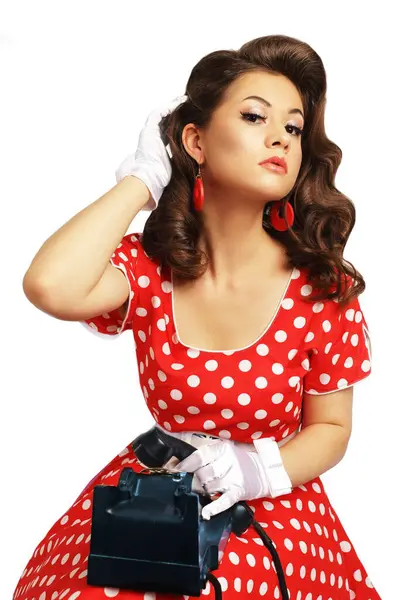 Beautiful Pinup Girl Red Polka Dot Dress Hollywood Waves Hairdo Stock Photo