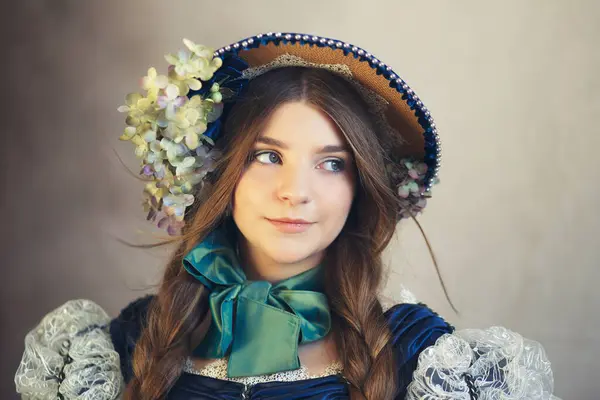 Young Teenage Woman Portrait Regency Era Bonnet Hat Close Stock Photo