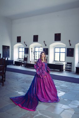 Lüks bir şatoda menekşe elbiseli güzel prenses ya da kraliçe.