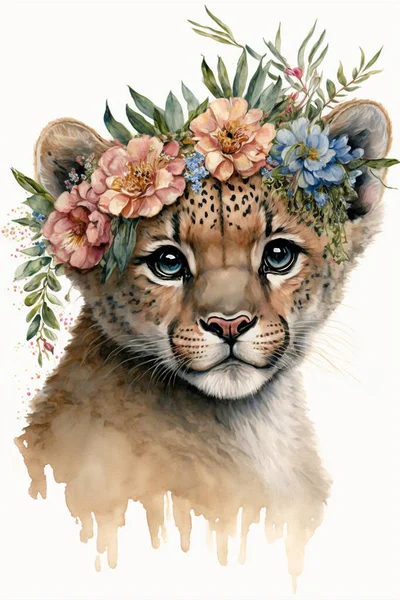 Baby face portrait leo, animal flower crown on white background. Beautiful poster for decorative design mammal. Cute character africa wildlife, design. Watercolor illustration face.