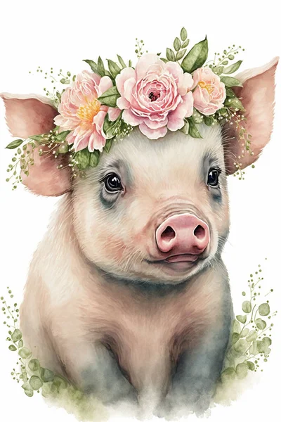 baby face portrait pig, animal flower crown white, Watercolor illustration. eautiful poster for decorative design mammal. Cute character farm animal, design. Watercolor illustration face.