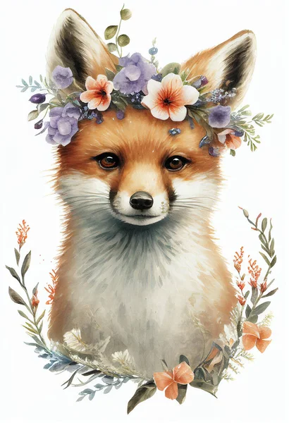 Watercolor baby fox portrait with flowers crown illustration. Cute fox face character design wildlife animal cartoon drawing print
