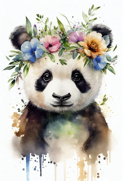 Beautiful japanese poster with colorful watercolor panda. Cartoon panda with flowers crown collection on colorful backdrop. Hand drawn style. Cute wildlife animal Beauty portrait