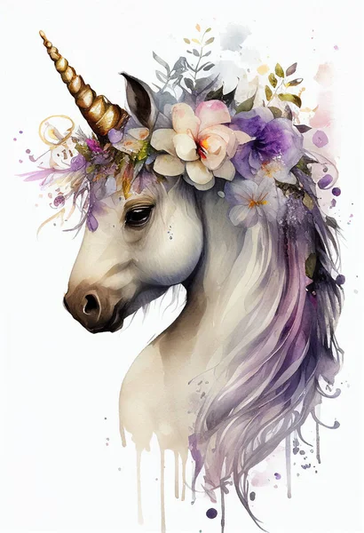 Watercolor unicorn, with flowers crown, great design print. Happy baby unicorn animal, gold horn, beautiful on white background. Funny beauty poster kids room. Wild life illustration.