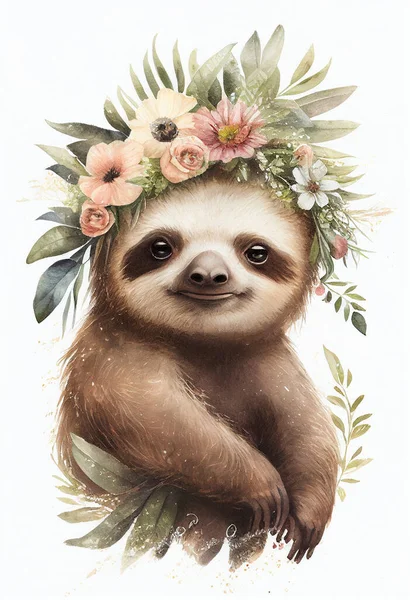 Cute sloth with flowers crown, wildlife Baby animal poster. Watercolor illustration animal cartoon drawing art. Retro watercolor sloth baby portrait
