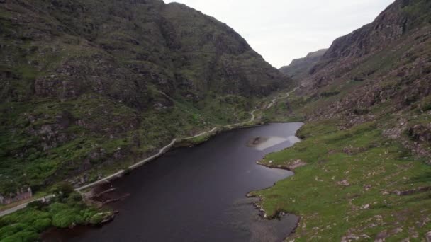 湖や壮大な環境 ケリー山 キラーニー アイルランドとダンロー山の峠や谷のギャップの上を飛ぶの素晴らしい4K航空ビデオ — ストック動画