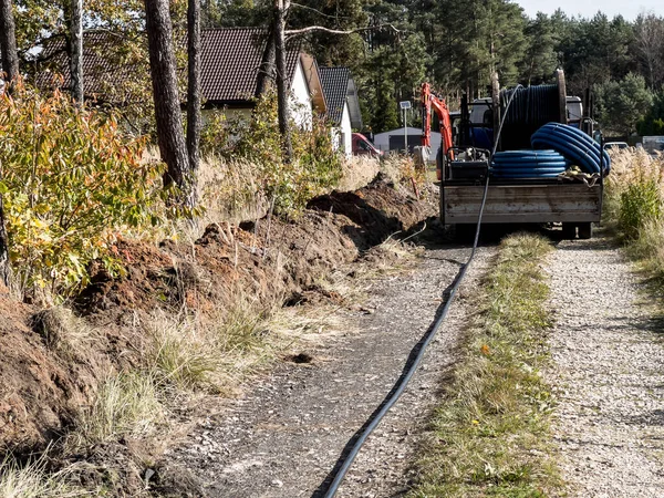 Laying Power Cable Trenches Ground Country Road — Stock Photo, Image