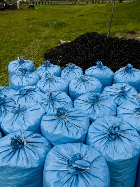 由于能源危机和缺乏袋装生态豌豆煤 有必要人工装袋成批运送煤炭 — 图库照片