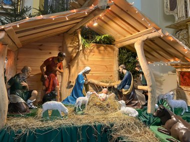 Kalety Miotek, Poland, January 1, 2023: Nativity scene (Christmas crib) in the church of St. Francis of Assisi in Miotek, Silesia, Poland.