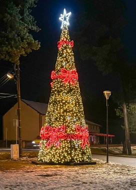 Illuminated and decorated Christmas tree, covered with snow in a small town in Poland.