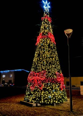 An illuminated and decorated Christmas tree in the small town of Kalety Miotek in southern Poland.