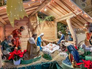 Kalety Miotek, Poland, January 9, 2023: Nativity scene (Christmas crib) in the church of St. Francis of Assisi in Miotek, Silesia, Poland.