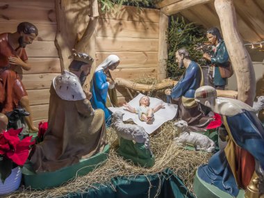 Kalety Miotek, Poland, January 9, 2023: Nativity scene (Christmas crib) in the church of St. Francis of Assisi in Miotek, Silesia, Poland.