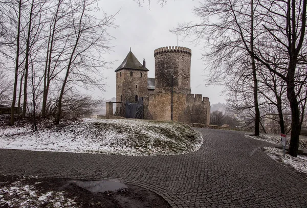 Slott Bedzin Schlesien Polen Mars Snöigt Väder — Stockfoto