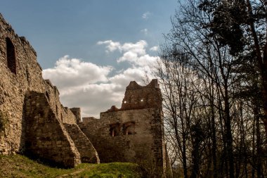 Polonya 'nın Krakow kenti yakınlarındaki Rudno köyünde Tenczyn Şatosu (kale harabeleri, duvar parçaları).