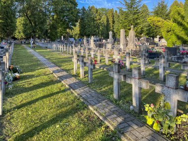 Chelm, Polonya, 3 Eylül 2023: Chelm 'deki mezarlıkta 1919-1920 yılları arasında Polonya' daki çatışmalarda ölen askerlerin mezarları.