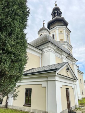 Arka planda şehir binaları ve Roma Katolik Kilisesi var. Polonya, Zamosc 'ta Aziz Nicholas.