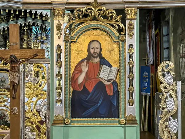 stock image Milik, Poland, August 6, 2024: Interior of the wooden Lemko church, currently the Roman Catholic Church of St. Cosmas and Damian in Milik near Muszyna, Poland.