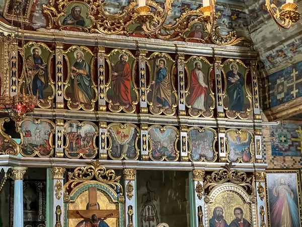 stock image Milik, Poland, August 6, 2024: Interior of the wooden Lemko church, currently the Roman Catholic Church of St. Cosmas and Damian in Milik near Muszyna, Poland.