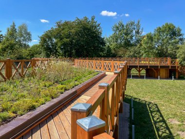 Sosnia Gora tepesindeki Silezya Botanik Parkı. Köprüler, yürüme yolları, viyadikler ve yürüyüş yolları.