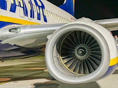 Katowice, Polonya, 12 Ekim 2024: Ryanair tarafından gece Katowice havaalanında kullanılan Boeing 737-800 uçağı.