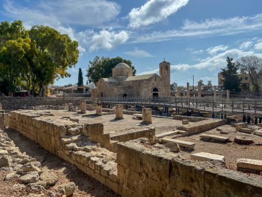 Paphos, Cyprus, October 13, 2024: Church of Panayia Chrysopolitissa in Paphos, Cyprus. Near the column at which St. Paul the Apostle was scourged in Paphos, Cyprus. The platforms were made for the arrival of Pope Francis. clipart