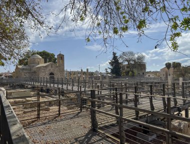 Paphos, Cyprus, October 13, 2024: Church of Panayia Chrysopolitissa in Paphos, Cyprus. Near the column at which St. Paul the Apostle was scourged in Paphos, Cyprus. The platforms were made for the arrival of Pope Francis. clipart