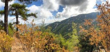 Kıbrıs 'ın Troodos Dağları' ndaki Kykkos Manastırı 'nın Throni Tepesi' nden görünen dağ manzarası, Milikuri köyüne yakın.