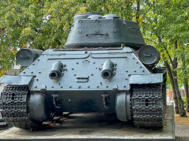 A Soviet T-34 85 tank from World War II as a monument in the town of Sawin in eastern Poland. In August 1944, the Dresden Tank Corps was formed in the nearby Sawin forests. clipart