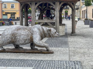 Chelm, Polonya, 10 Eylül 2024: Chelm 'deki Doktor Edward Luczkowski Meydanı - eski bir kasaba meydanı ve şehrin sembolü olan beyaz ayı 