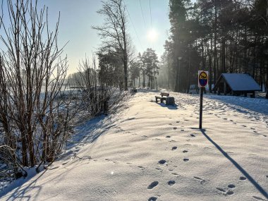 Kış boyunca karla kaplı bir göletin kenarındaki banklar..
