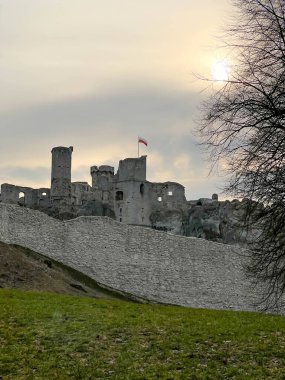 Polonya 'nın Ogrodzieniec kentindeki ortaçağ şatosunun kalıntıları.