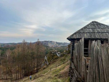 Grod Birow 'dan Krakow-Czestochowa Upland' daki Ogrodzieniec Kalesi 'nin kalıntılarının manzarası.