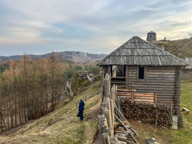 Grod Birow 'dan Krakow-Czestochowa Upland' daki Ogrodzieniec Kalesi 'nin kalıntılarının manzarası.