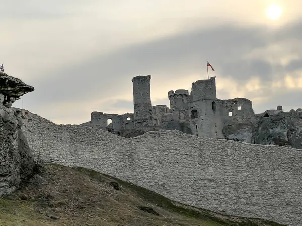 Polonya 'nın Ogrodzieniec kentindeki ortaçağ şatosunun kalıntıları.