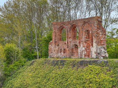 Trzesacz 'daki Baltık Denizi kıyısındaki heyelan sonrasında terk edilen bir ortaçağ kilisesinin kalıntıları. Polonya, Avrupa.
