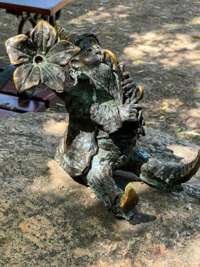 Wroclaw, Polonya, 22 Temmuz 2025: Wroclaw 'daki Ostrow Tumski Adası' ndaki Botanik Bahçesinde cüce botanikçisi. Cüceler - küçük heykelcikler, Wroclaw 'da turistik bir cazibe.