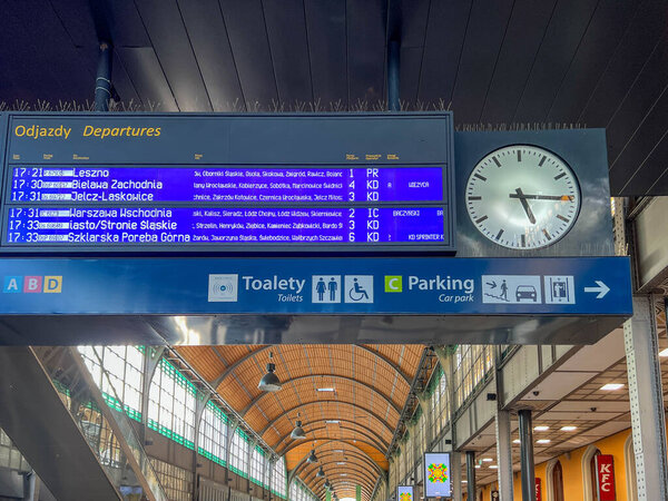 Wroclaw, Poland, July 22, 2025: Wroclaw Glowny railway station hall.