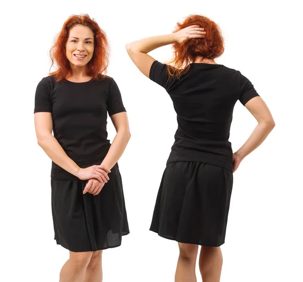 Photo Young Beautiful Redhead Woman Blank Black Shirt Isolated White — Stock Photo, Image
