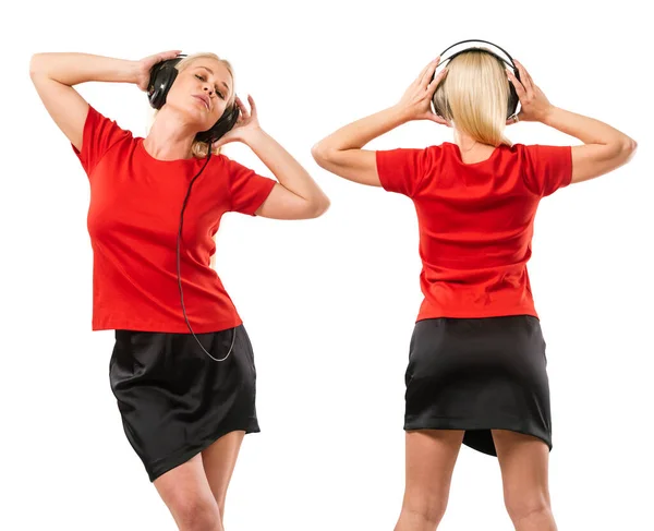 Photo Beautiful Woman Listening Headphones Wearing Blank Red Shirt Front Stock Image