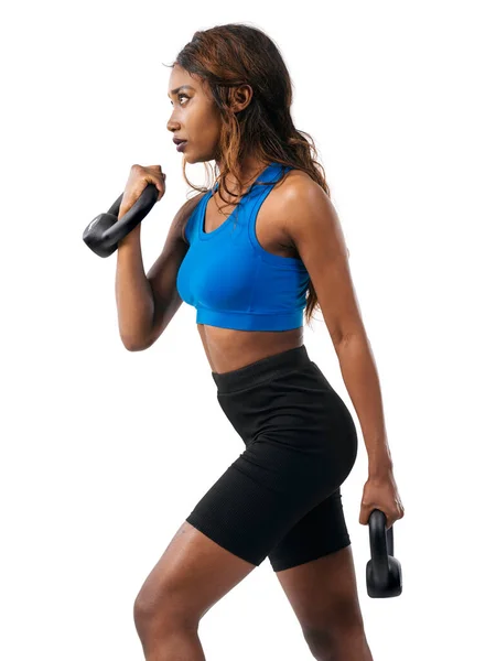 Woman African Descent Doing Bicep Curls Kettlebell White Background Royalty Free Stock Photos