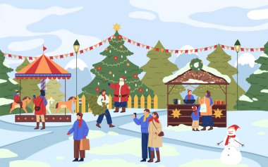 Eğlence parkı ya da Noel pazarı, vektör pankartı ya da arka plan. İnsanlar dışarıda eğleniyor, kış tatilleri kutlanıyor. Doğada Xmas eğlencesi, yeni yıl tatili. Firavun ağacı ve Noel Baba.