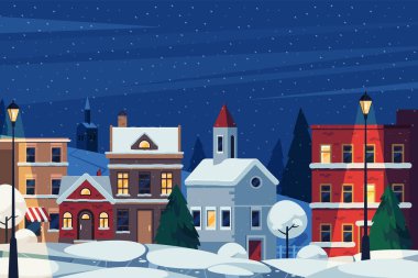 Winter cityscape or street landscape, vector banner or background. Snowfall in a town or snowy night in a city. Buildings exterior facade. New Year or Christmas night. Scenery of residential district. clipart