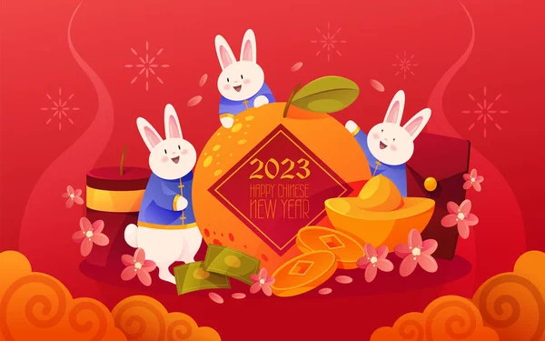 Gelukkig Nieuwjaar Wenskaart Vector Banner Chinees Konijnenjaar 2023 Feestelijke Flyer — Stockvector