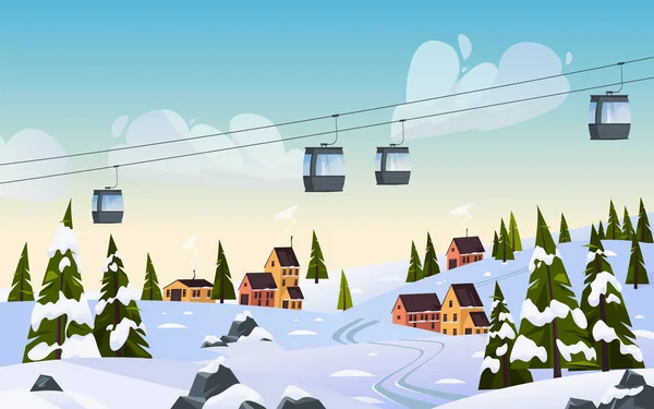 滑雪场风景与电缆或电缆铁路 雪山景观 冬季云杉林景观 矢量旗帜或背景 风景秀丽的林地 被雪覆盖的小山和小农舍 — 图库矢量图片
