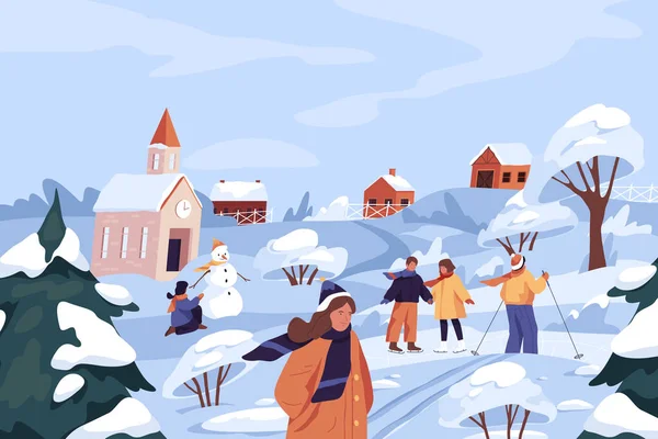 Winterrecreatie Leuke Buitenactiviteiten Vector Banner Achtergrond Kinderen Schaatsen Skiën Buitenspelen — Stockvector