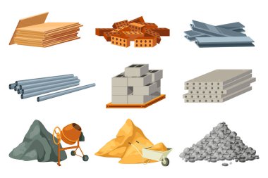 Building materials vector set. Isolated objects of metalworks, bricks, metal pipes, concrete plates, barrows of sand and stones. Supporting equipment mixer and wheelbarrow. Building industry theme. clipart