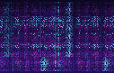 Piksel efektli vektör arkaplanı. Pixel sanat afişi. Mozaik doku. Dekoratif geometrik arkaplan ya da bilgisayar ekranı arızası. Mor kaotik kareler, sim ızgarası veya hasarlı resim kalitesi